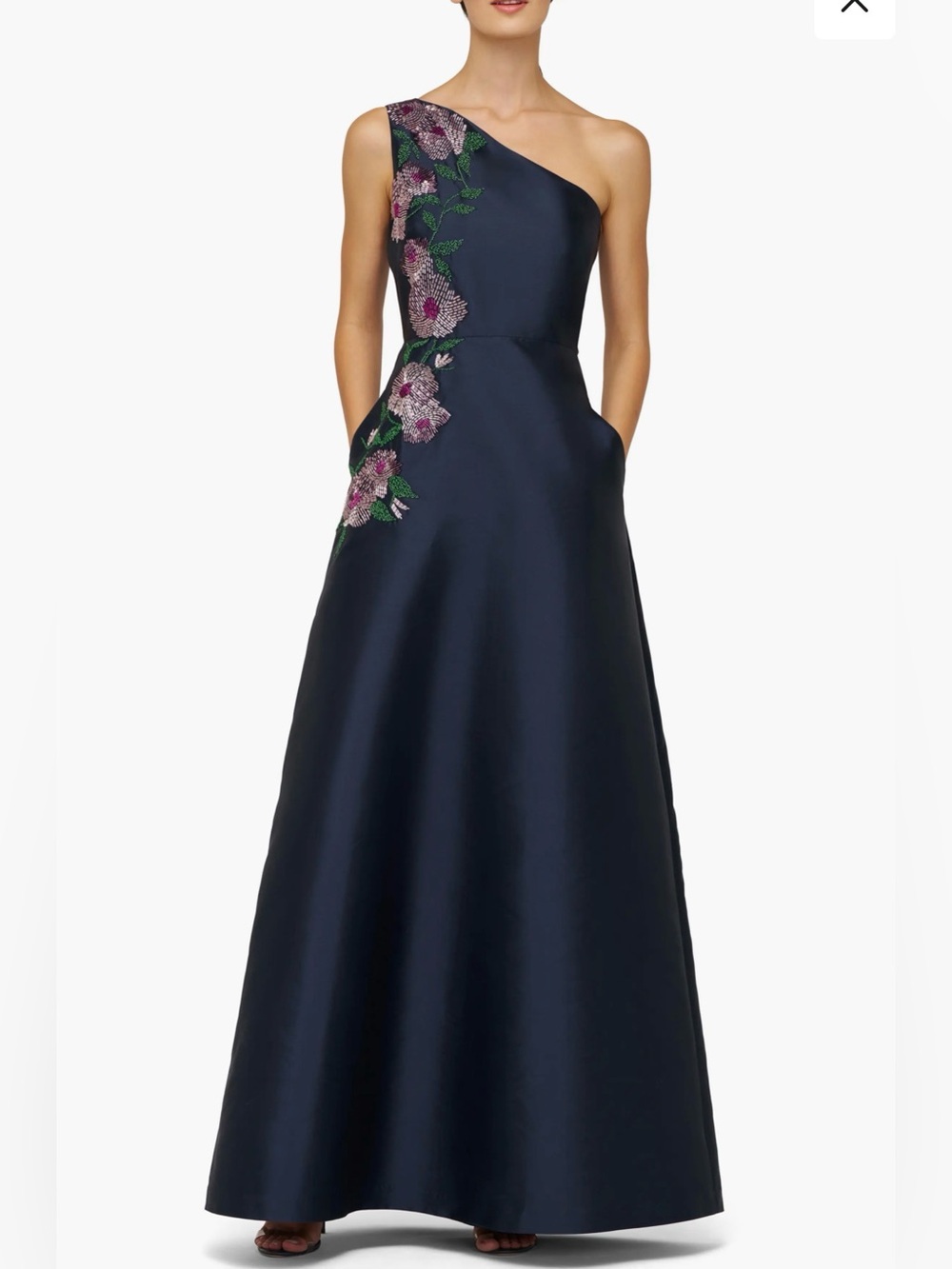 Kay Unger Giada Beaded Floral Embroidered One-Shoulder Gown, Size 2